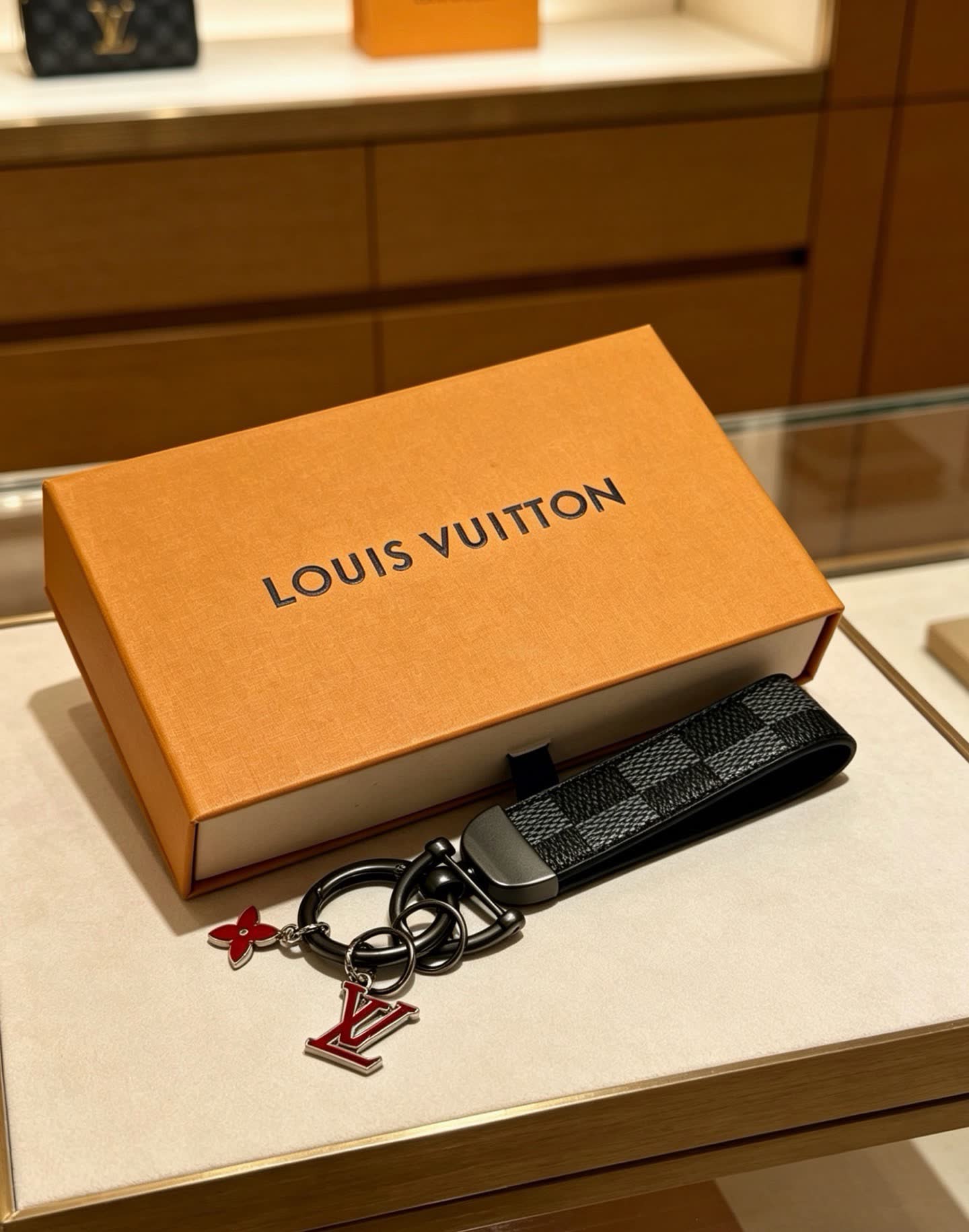 Louis Vuitton Keychain with Monogram Pattern and Logo Charm